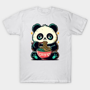 Kawaii retro little panda eat ramen T-Shirt